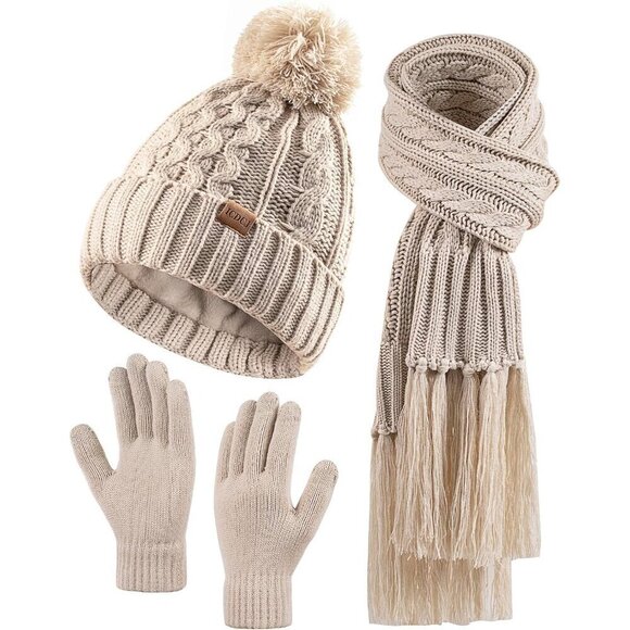 ⭐Women Knit Warm Hat Scarf Beanie Pom Fleece Lined Hat with Touchscreen Gloves - Picture 1 of 7
